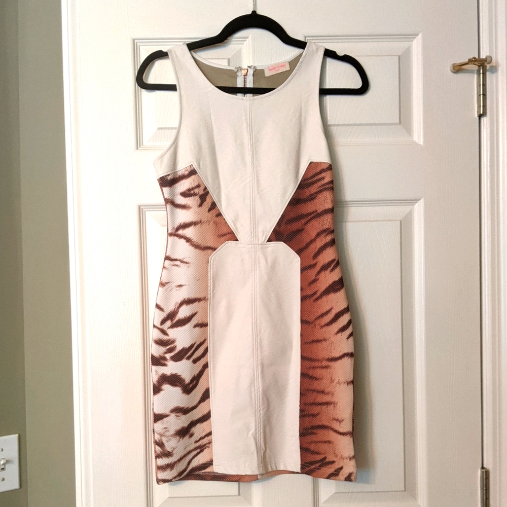 white tiger print mini dress, faux leather